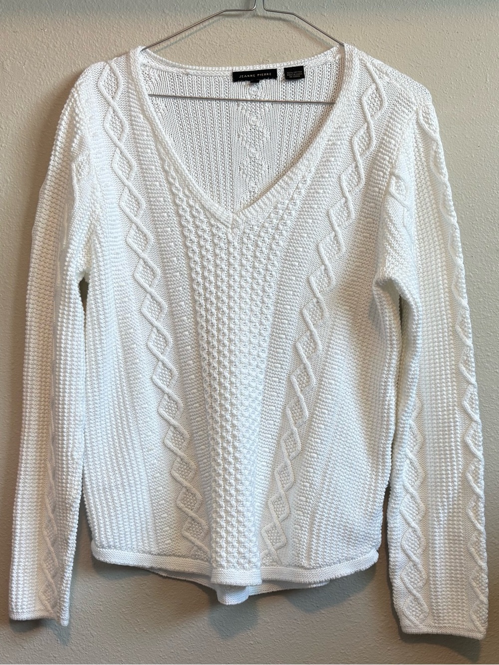 Jeanne Pierre 100% Cotton Cable Knit V-Neck Sweater White Cream Small Top